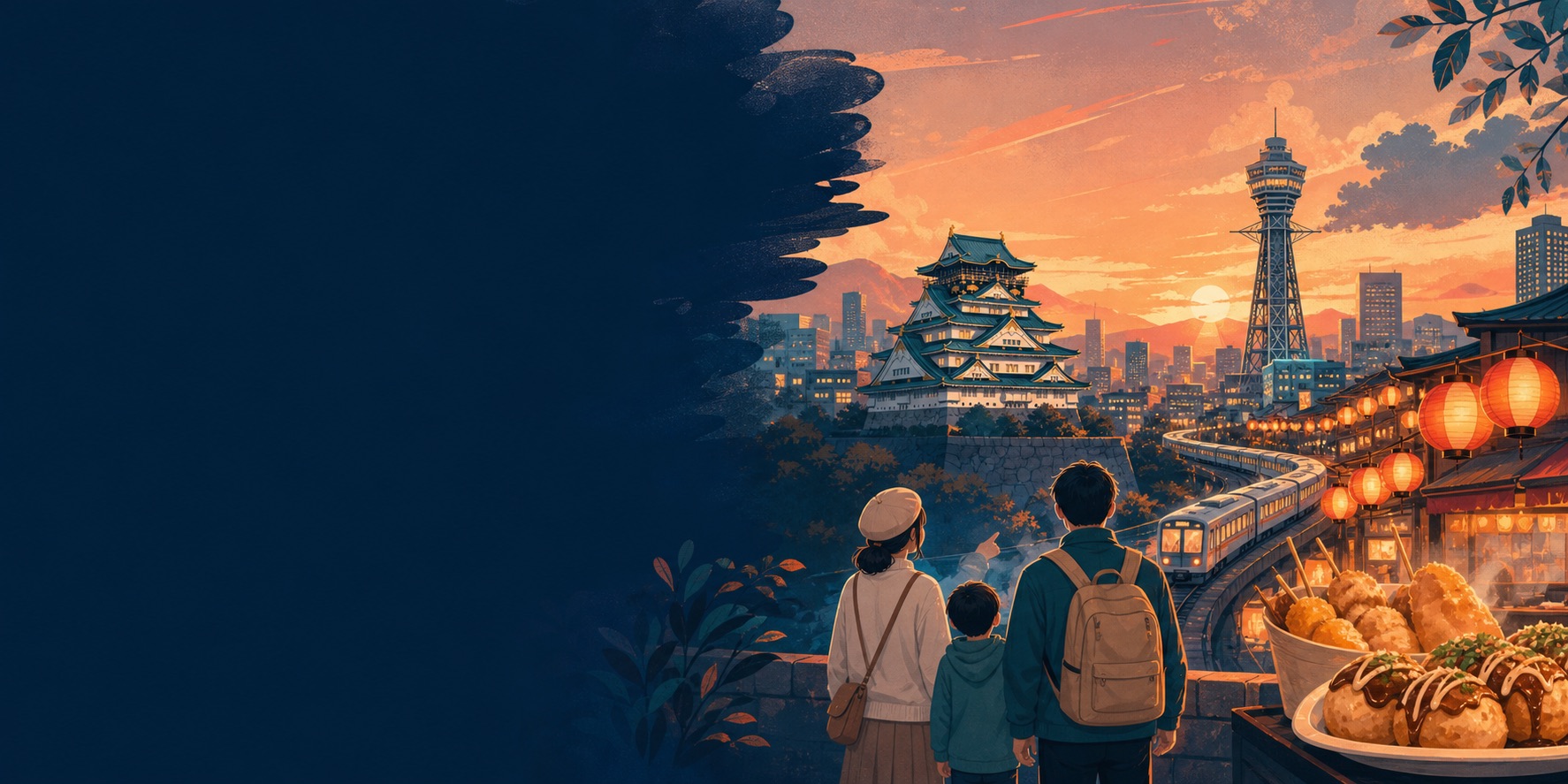 夕暮れの大阪へ向かう家族を描いたイラスト